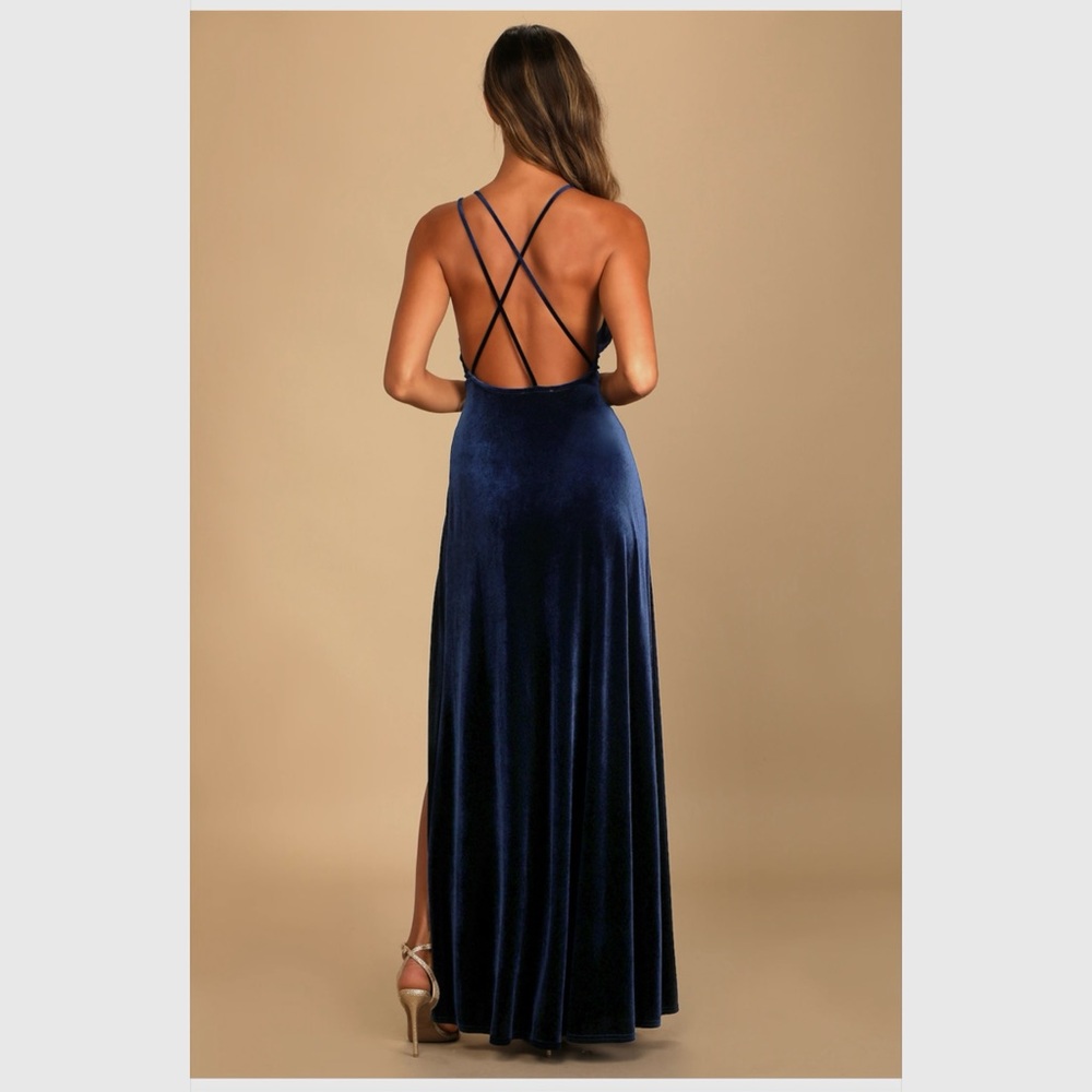 Lulu's Whimsical Romance Midnight Blue Velvet Faux-Wrap Backless Maxi Dress